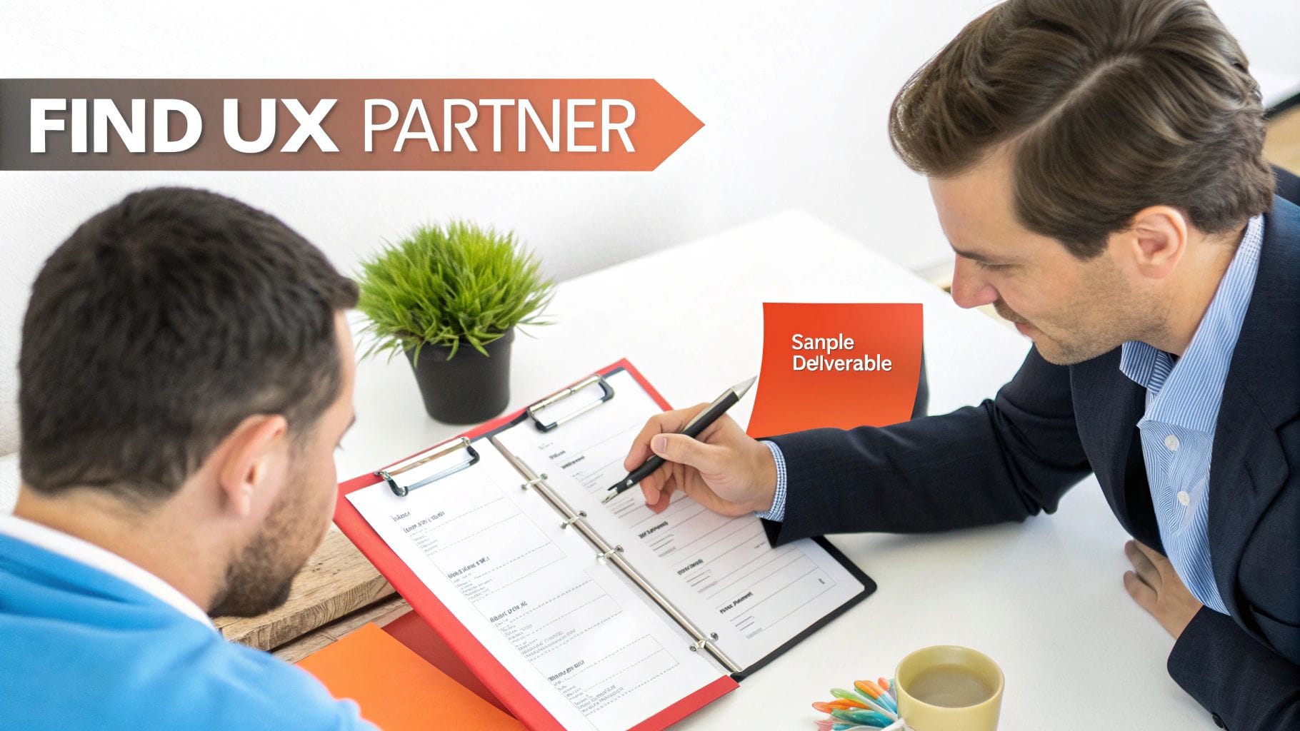 Two men collaborating at a desk, one writing, with 'FIND UX PARTNER' banner and 'Sample Deliverable' note.