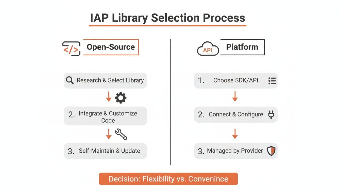 Diagram showing the IAP library selection process comparing open-source and platform options, highlighting flexibility versus convenience.