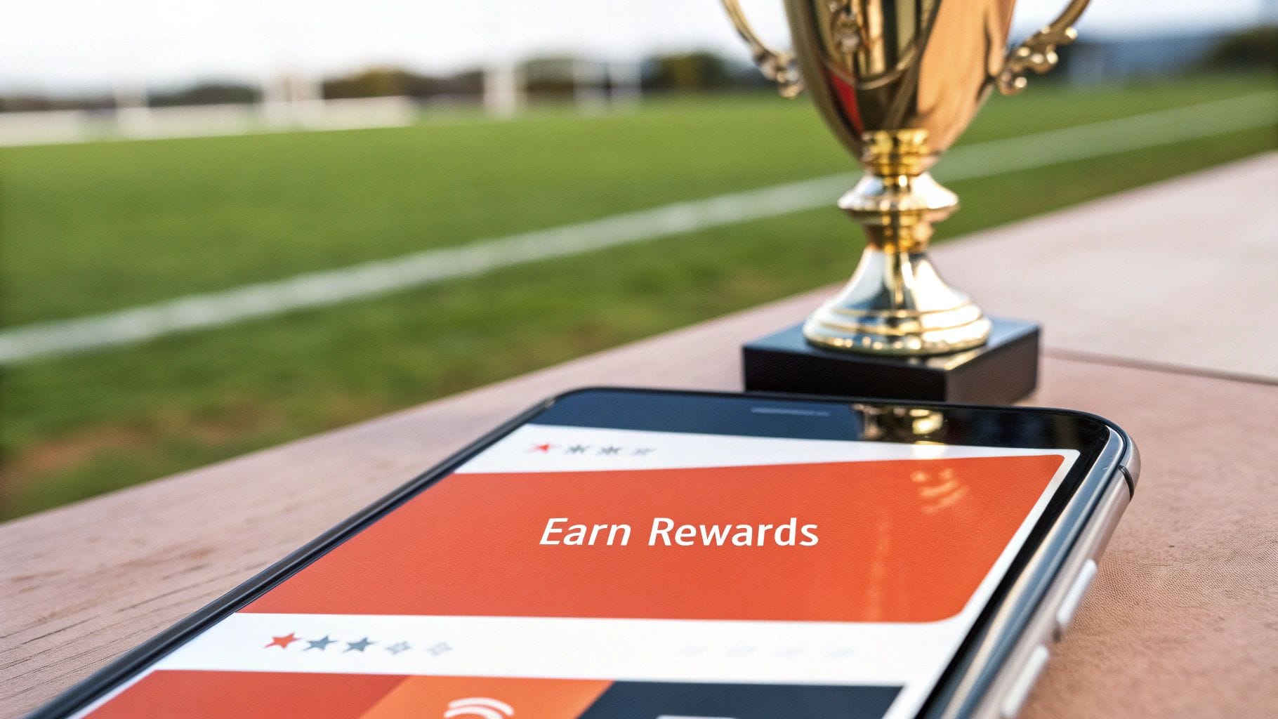 A smartphone displaying 'Earn Rewards' on its screen, with a golden trophy and sports field in the background.