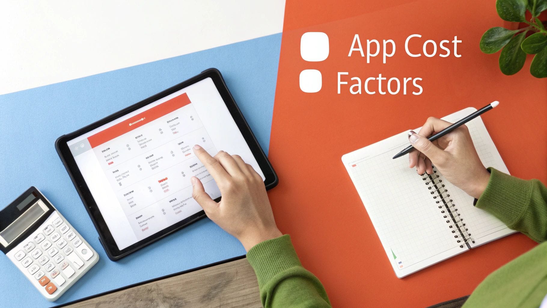 Overhead view of hands interacting with a tablet displaying an app cost calculator and writing notes in a notebook.