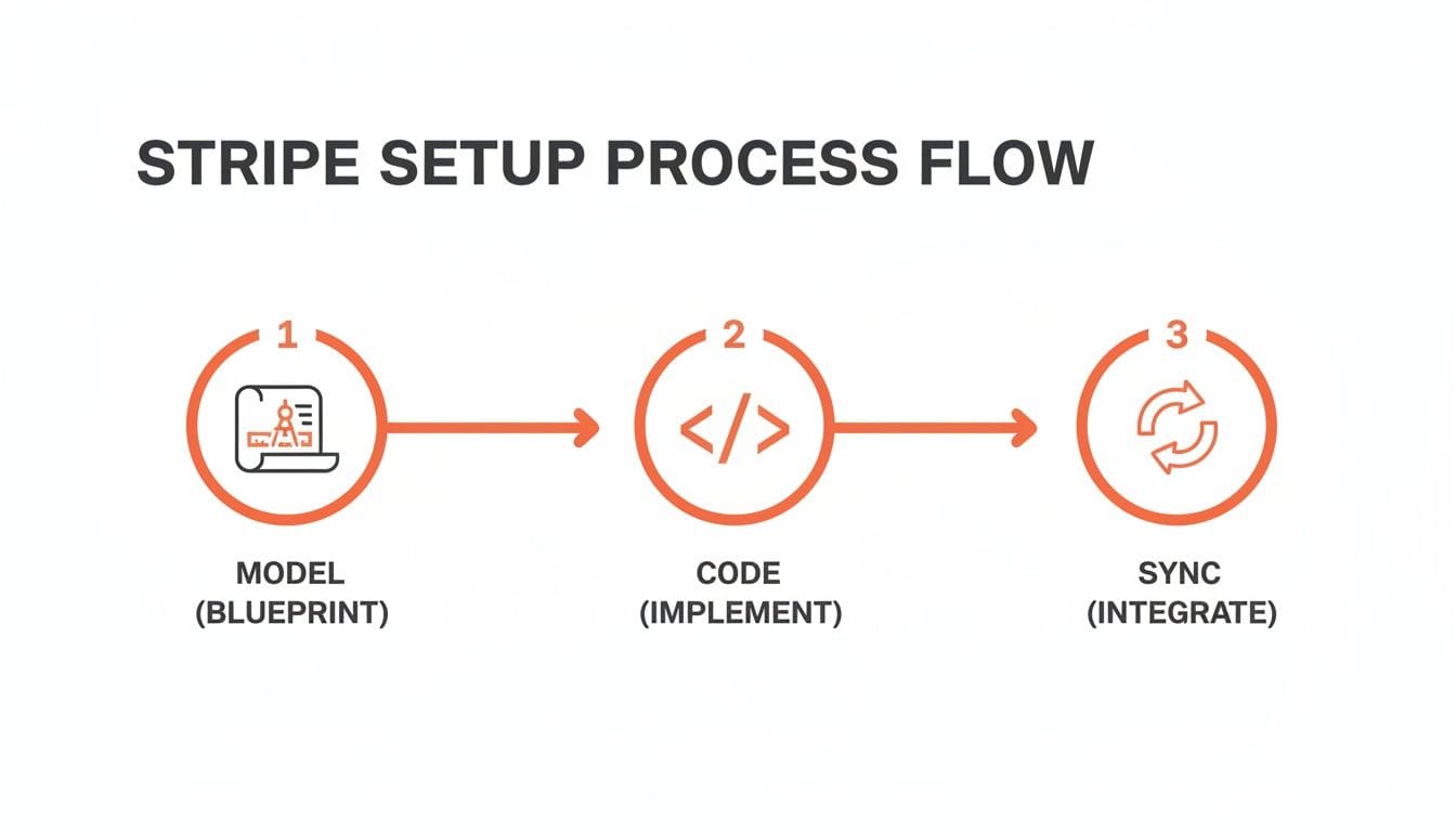 Stripe setup process flow diagram with three sequential steps: Model, Code, and Sync.