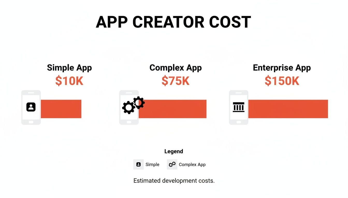 Estimated app creation costs for simple ($10K), complex ($75K), and enterprise ($150K) applications.