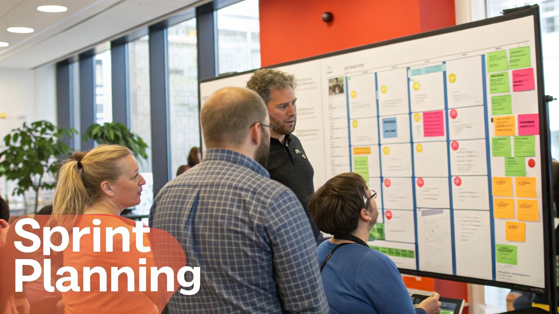 A diverse team discusses tasks and project progress on a large whiteboard during a sprint planning meeting.