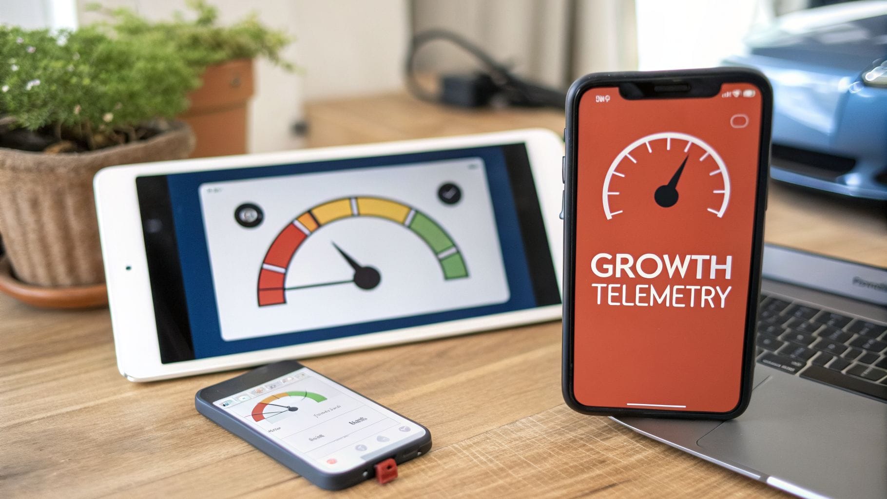 Three devices display growth telemetry apps with gauge interfaces, indicating data analytics and progress.