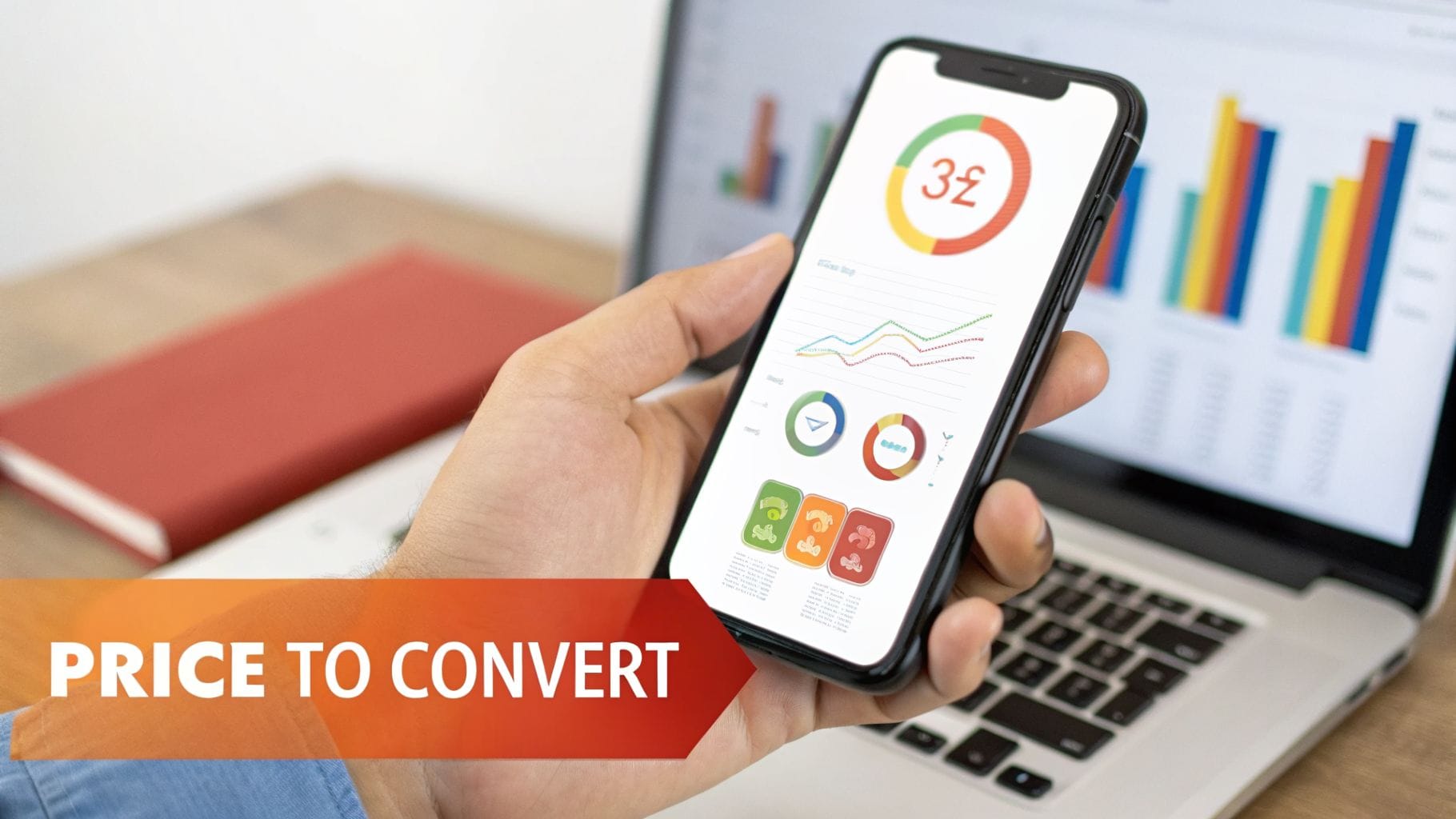 Hand holding a smartphone showing conversion analytics and pricing data, with a laptop and 'PRICE TO CONVERT' banner.