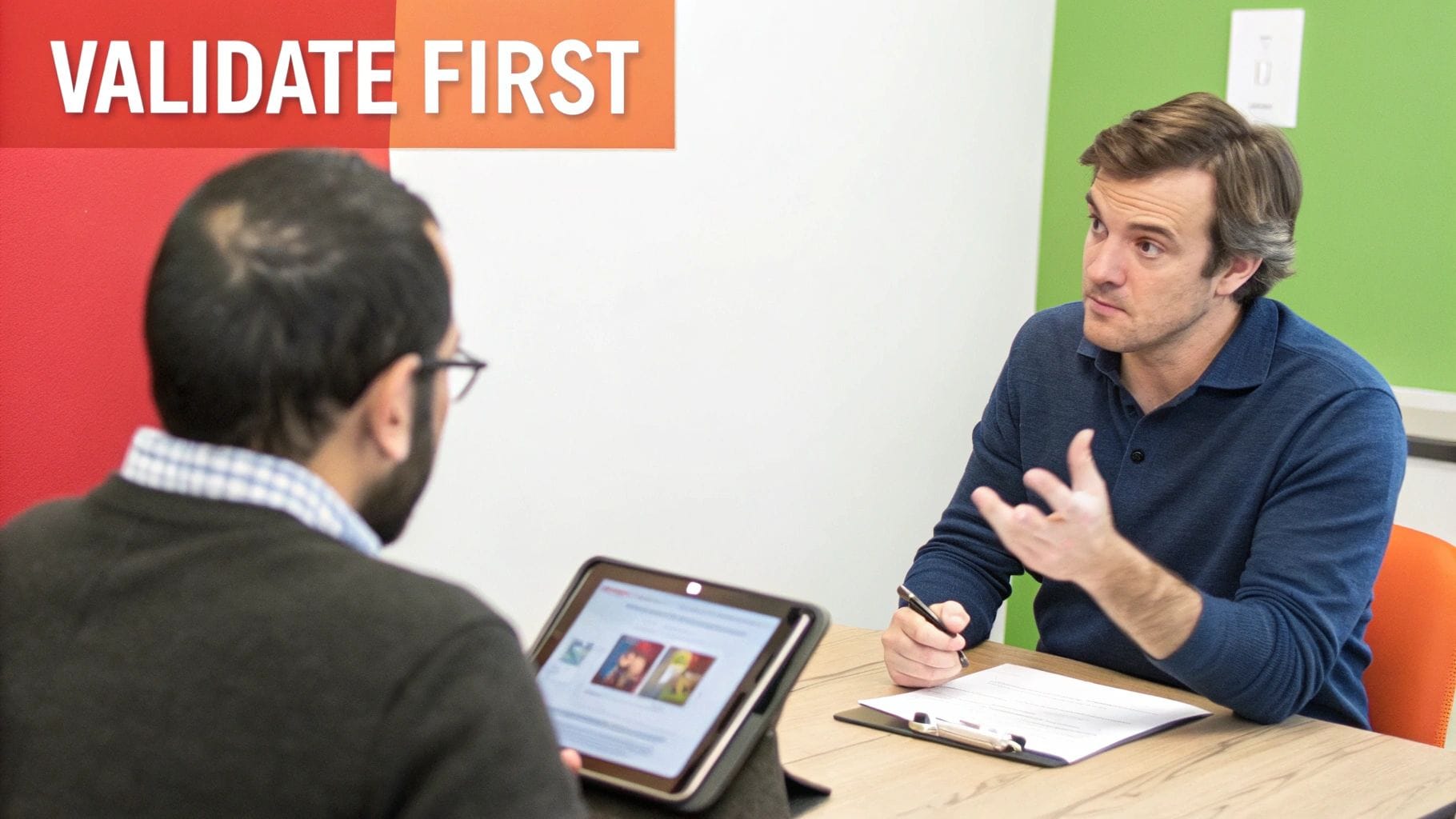 Two men in an office meeting, one looks at a tablet while the other explains and gestures.