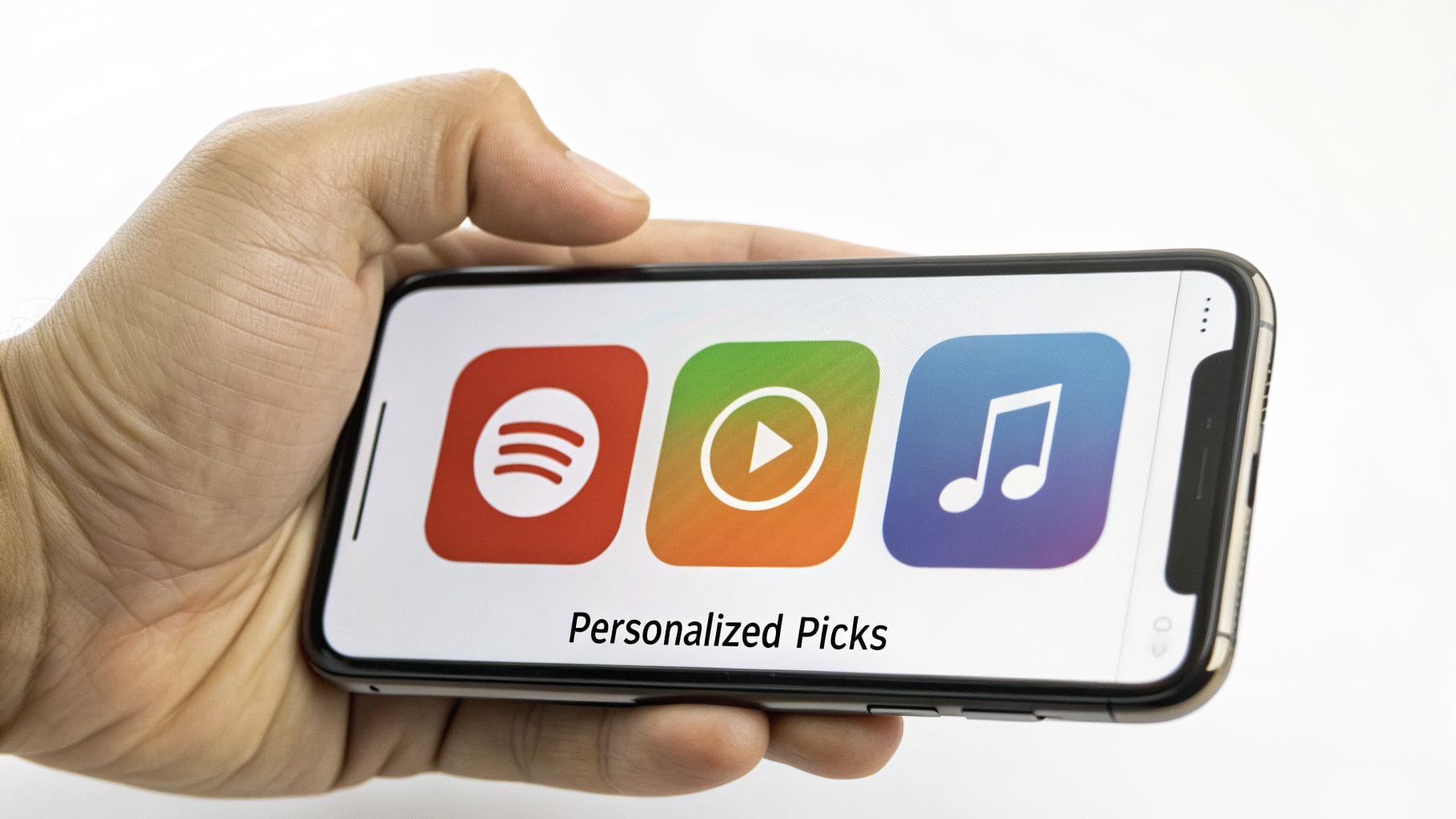 Hand holding smartphone displaying music app icons like Spotify and 'Personalized Picks' text.