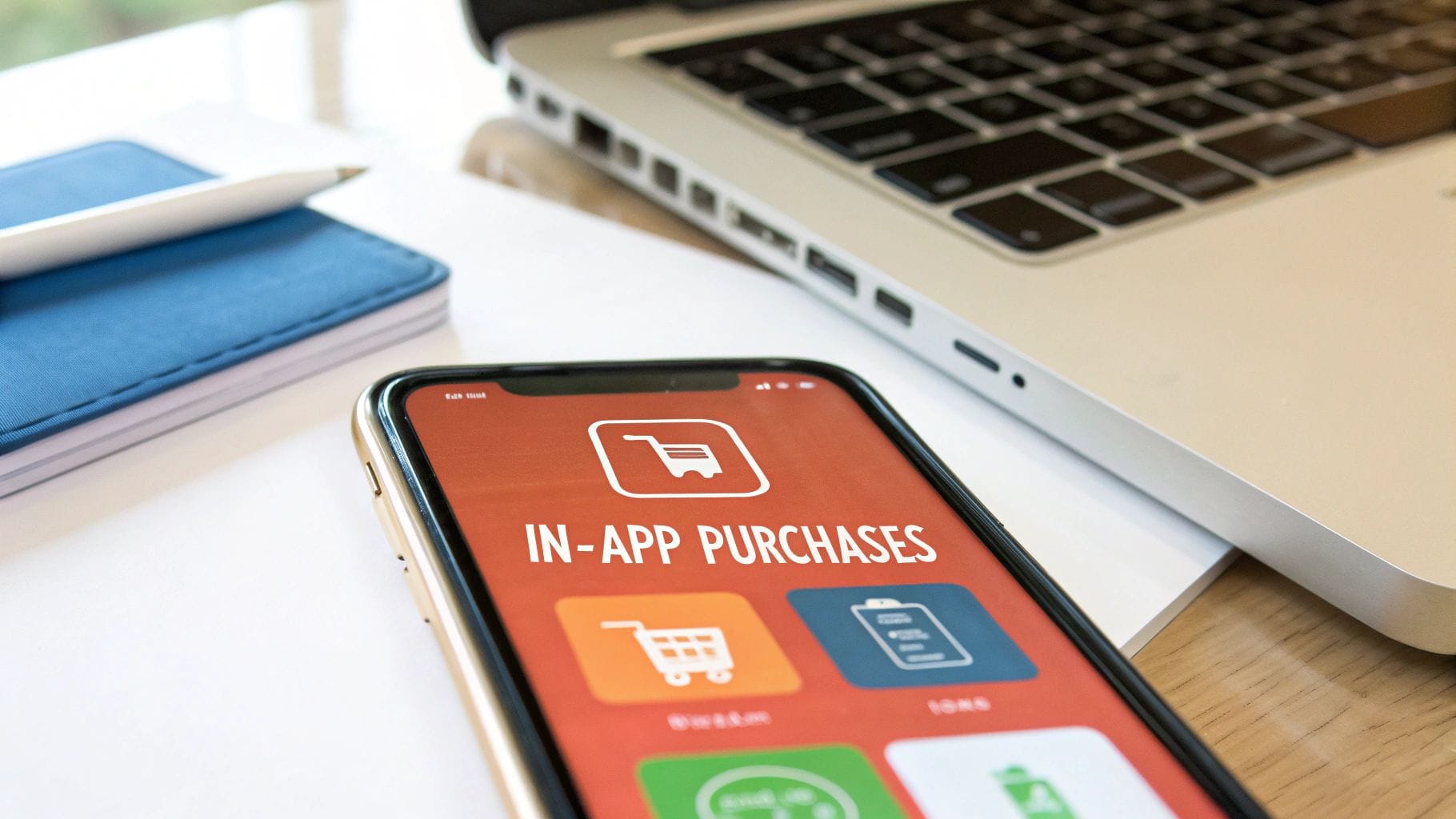 Smartphone displaying 'IN-APP PURCHASES' on screen, with a laptop and notebook on a desk.
