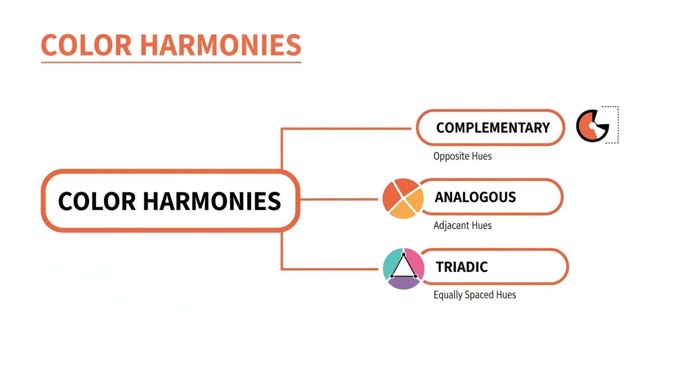 Diagram explaining color harmonies: Complementary, Analogous, and Triadic, with descriptive icons.