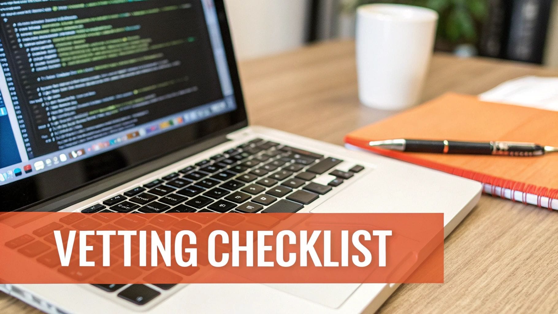 A laptop displaying code, an orange notebook with a pen, and a white mug on a wooden desk with a 'VETTING CHECKLIST' overlay.