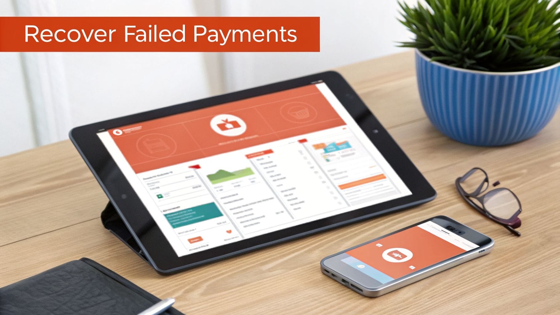 Tablet and smartphone on a wooden desk showing payment recovery software with graphs.