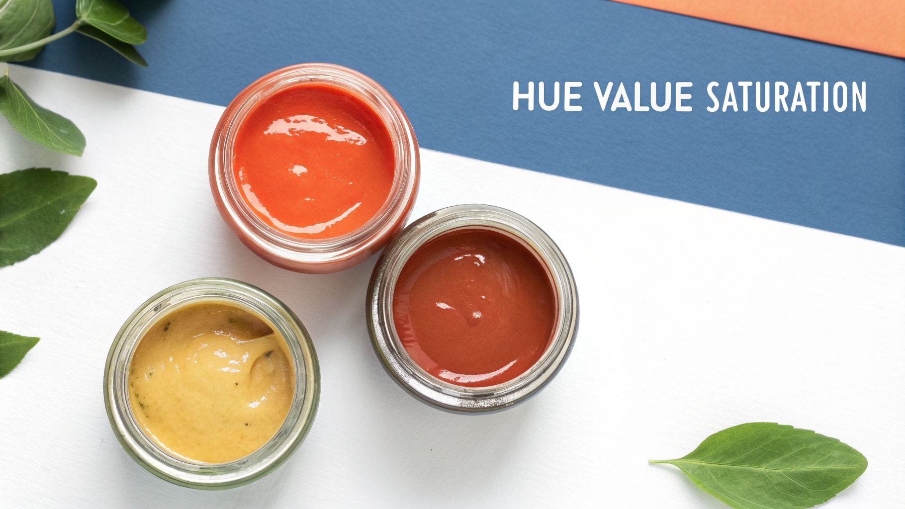 Three jars with colorful purees on a white and blue background, featuring text 'HUE VALUE SATURATION'.