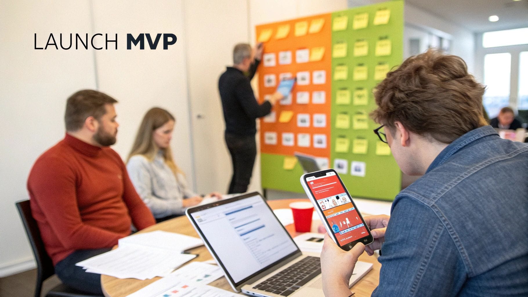 Professionals working on a mobile app MVP launch, reviewing designs on a phone and laptop.