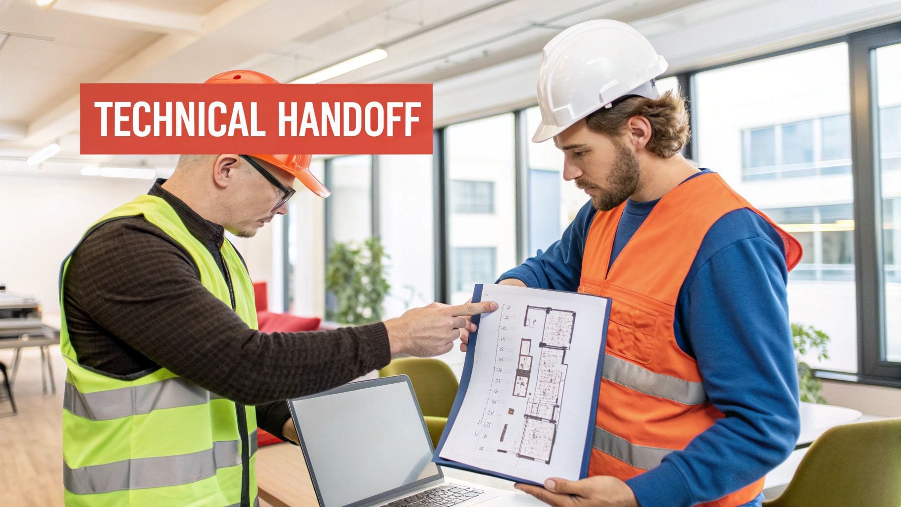 Two construction workers in hard hats and vests discussing blueprints with a laptop, illustrating a technical handoff.