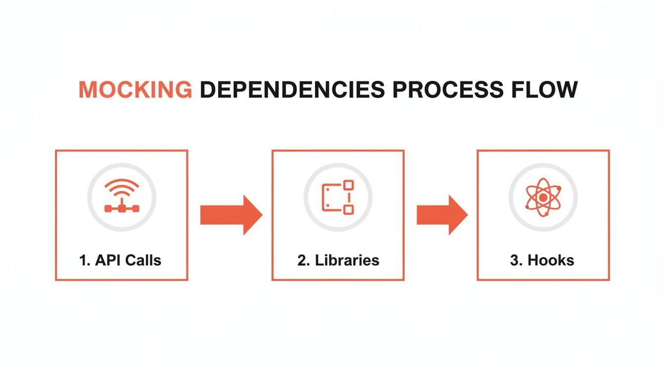 Diagram illustrating the mocking dependencies process flow, detailing API calls, libraries, and hooks.