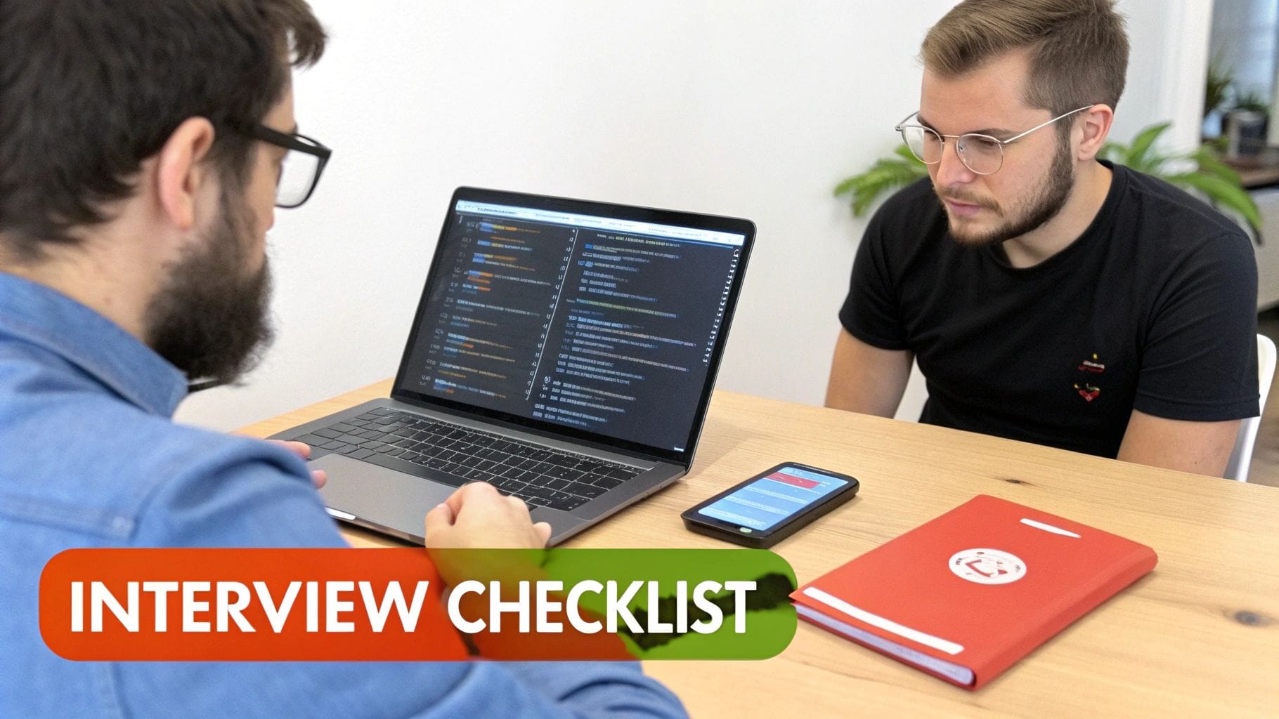 Two bearded men in glasses looking at a laptop displaying code, likely a programming interview.