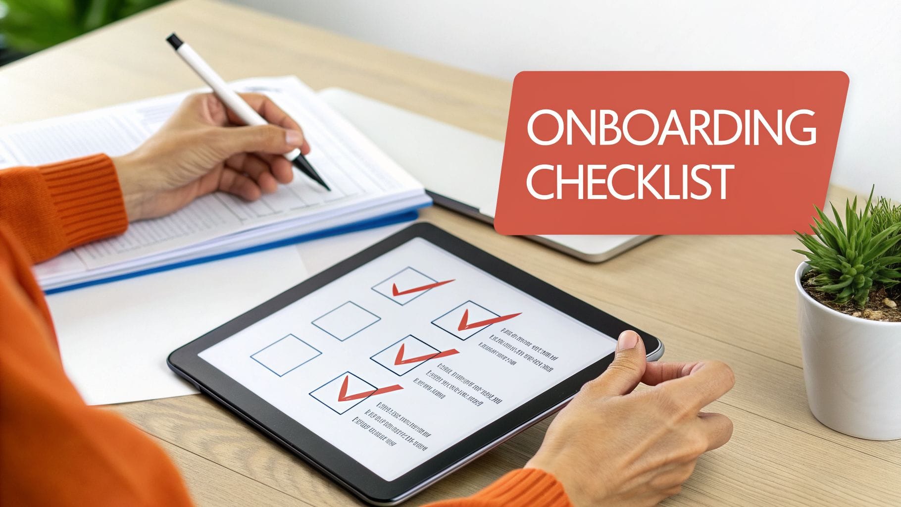 A person completes an onboarding checklist on a paper form and a digital tablet, representing new hire processes.