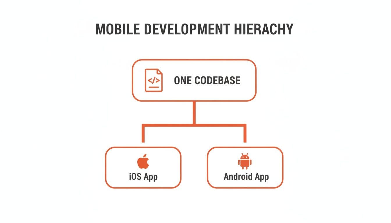 Diagram showing one codebase branching to develop both iOS and Android mobile applications.