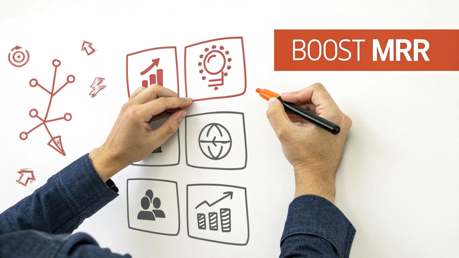 Hands drawing business icons on a whiteboard, with a large 'BOOST MRR' title above.