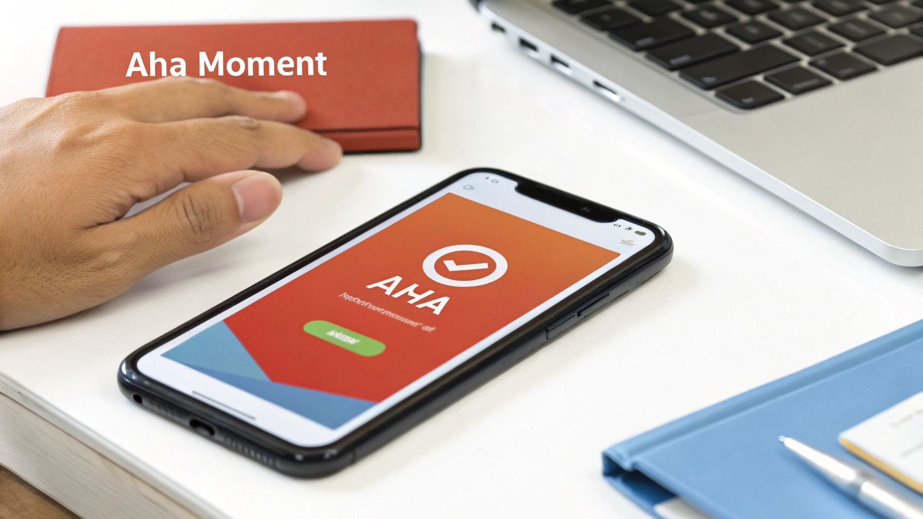 A hand on a desk with a smartphone displaying an 'AHA' app screen, signifying an 'Aha Moment'.
