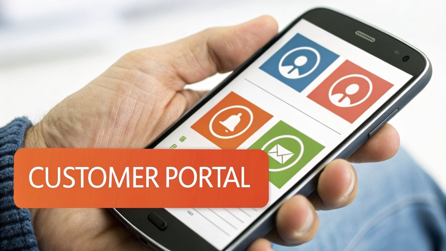 Hand holding a smartphone displaying a customer portal with icons for user profiles, notifications, and email.