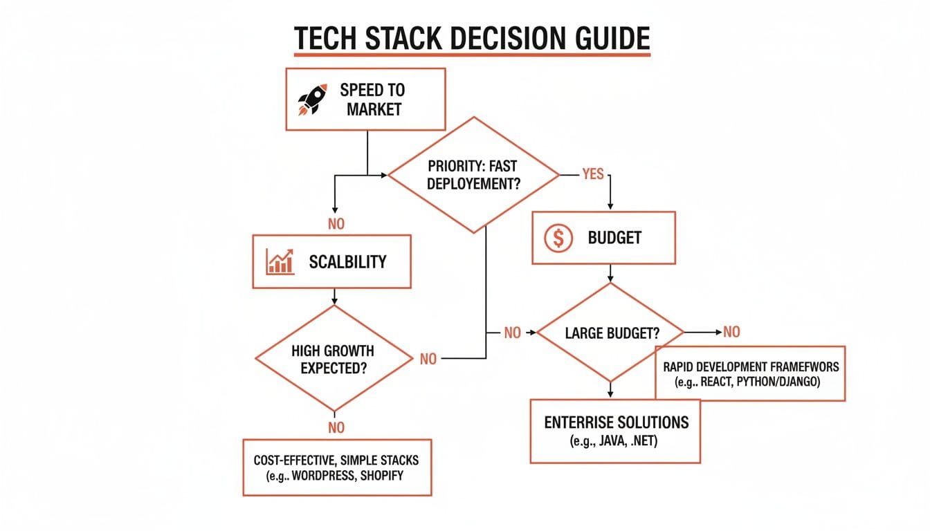 A flowchart guiding tech stack decisions based on speed, scalability, and budget, leading to rapid, enterprise, or simple solutions.