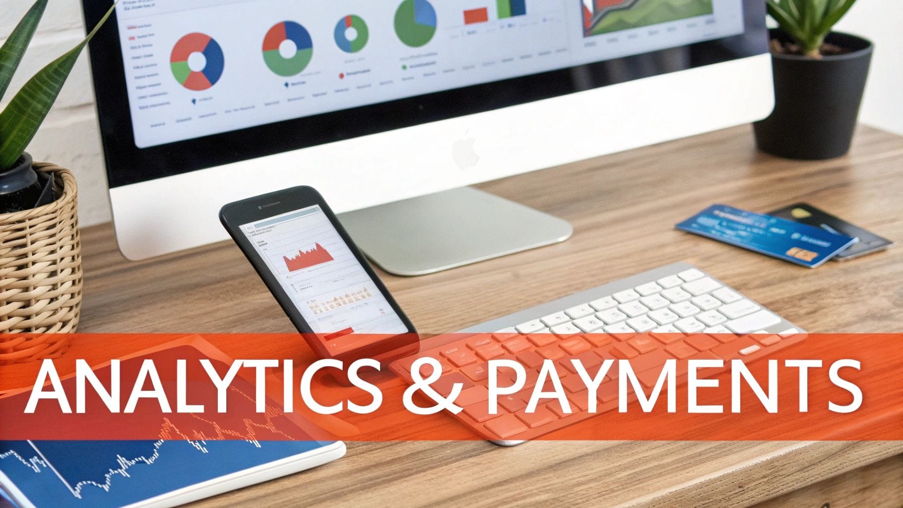 Desk setup with a monitor displaying charts, a smartphone showing analytics, a keyboard, and credit cards.