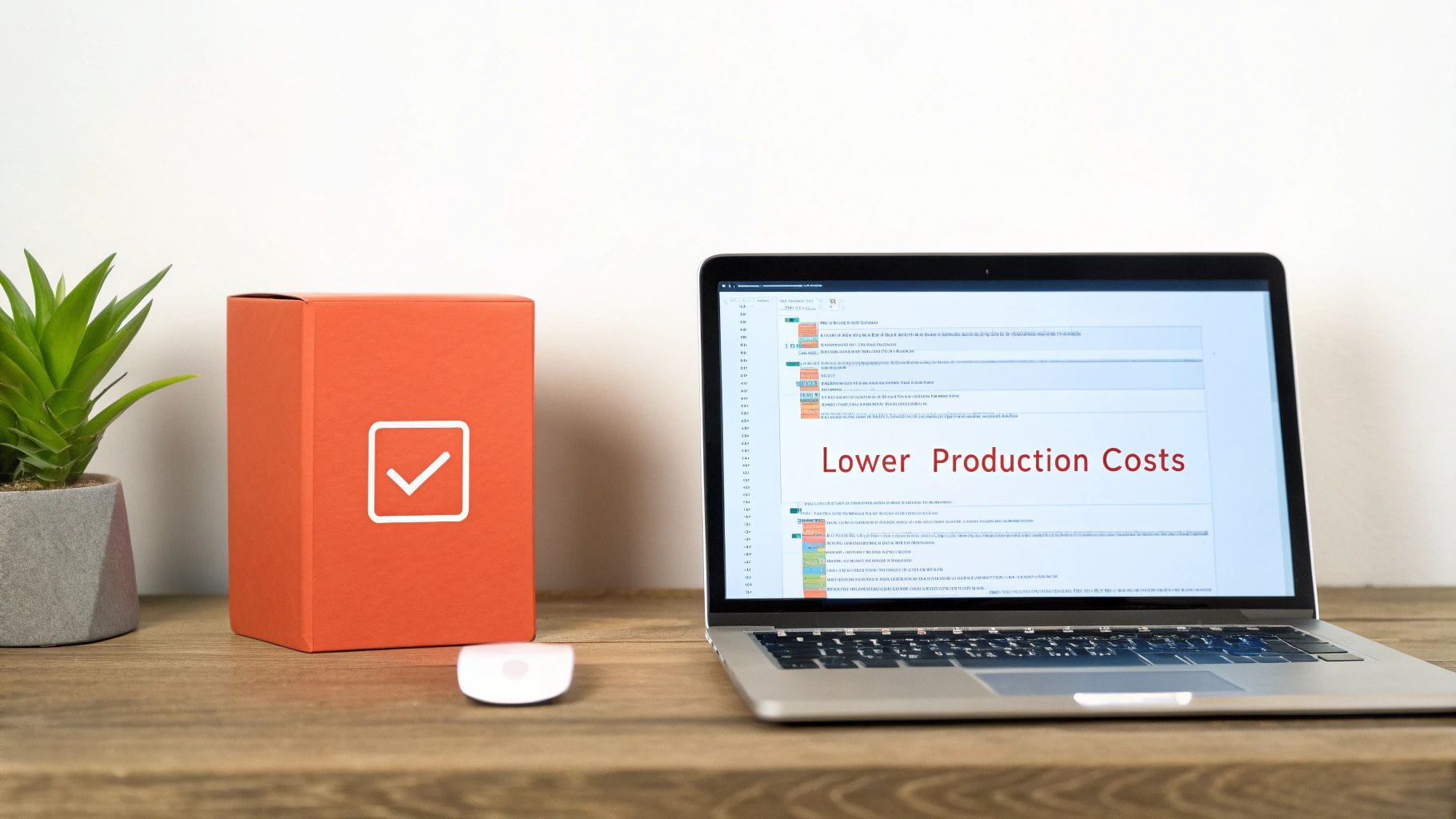 Laptop displaying 'Lower Production Costs' on screen, alongside a plant and an orange box with a checkmark.