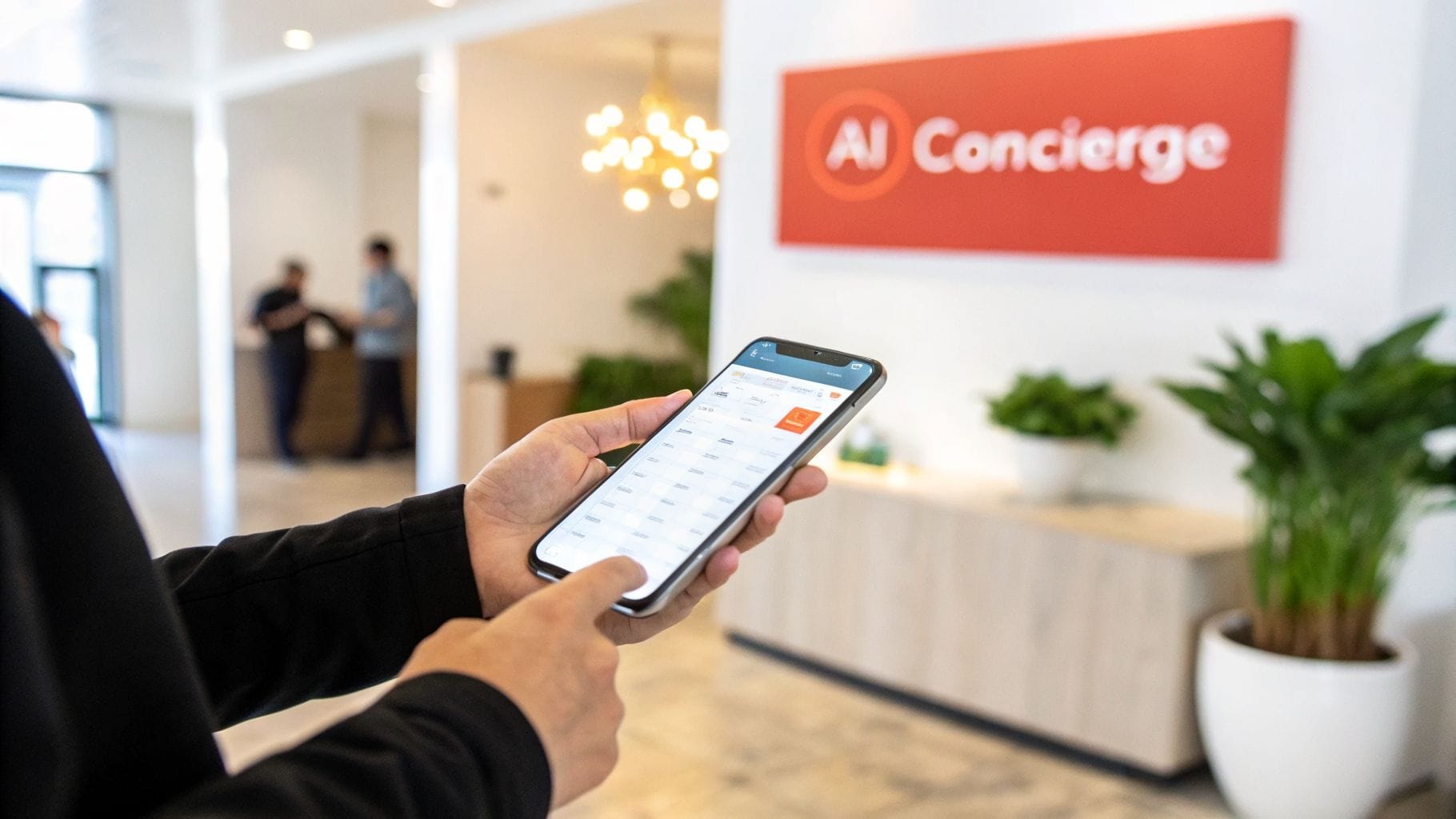 Person uses a smartphone app with an 'AI Concierge' sign in the background, showcasing artificial intelligence.