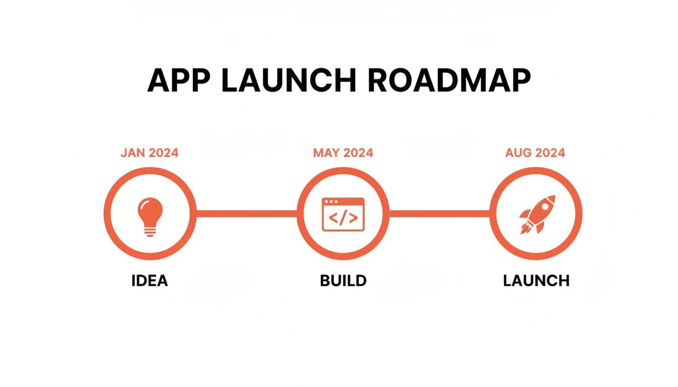 An app launch roadmap timeline showing three key stages: Idea (Jan 2024), Build (May 2024), and Launch (Aug 2024).