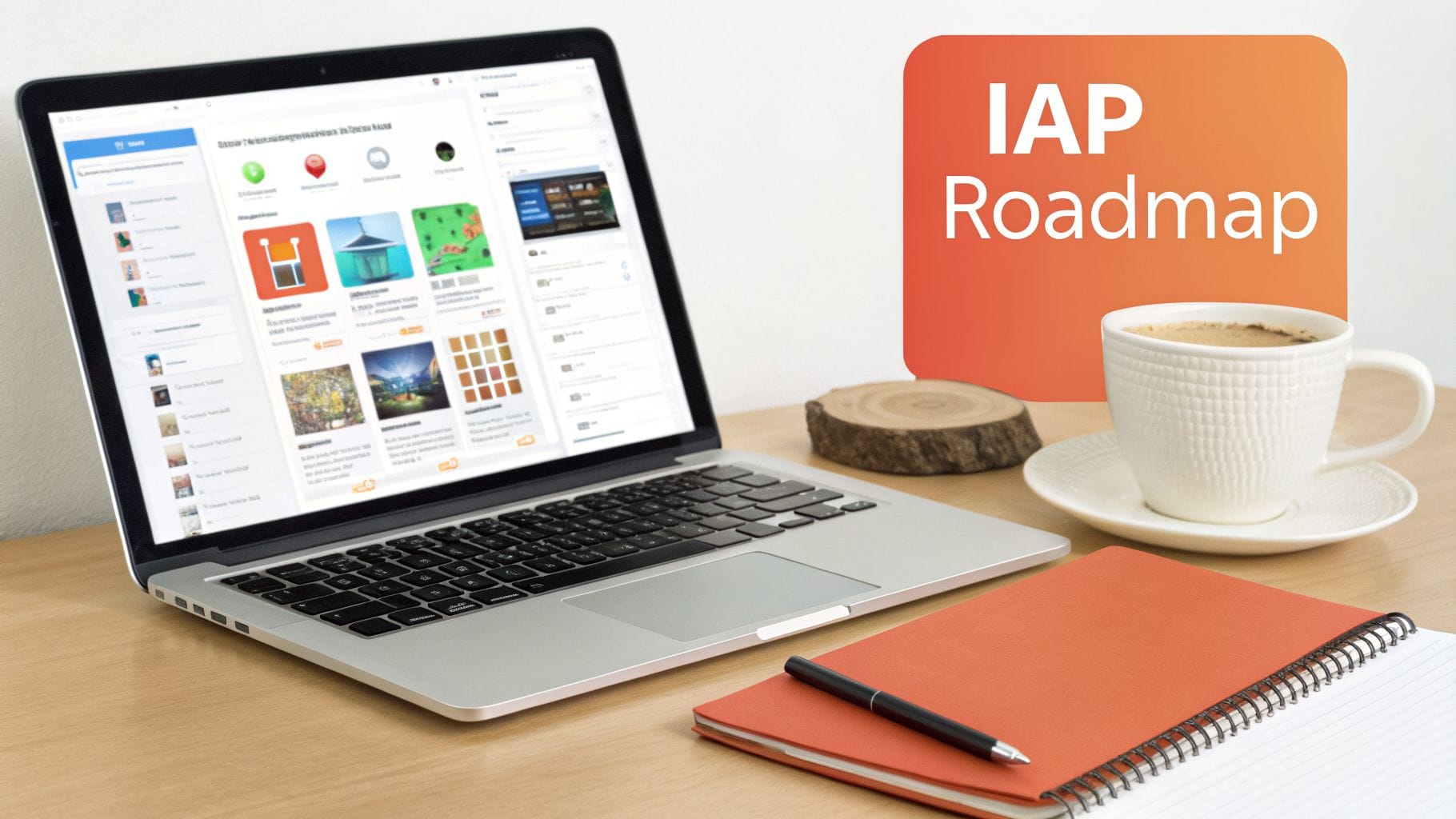 A laptop displays an app interface next to a coffee cup, notebooks, and an 'IAP Roadmap' graphic.