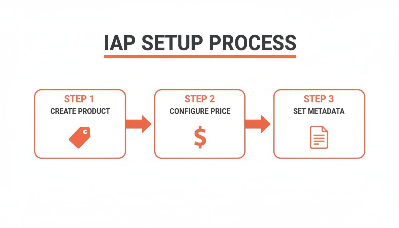 A clear flowchart illustrating the In-App Purchase setup process in three steps with icons.
