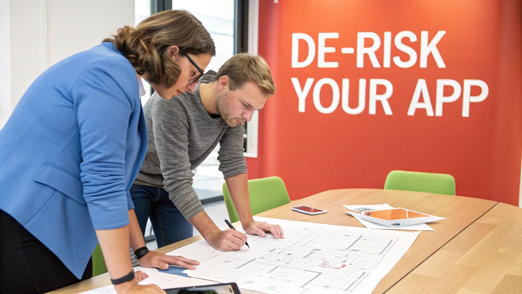 Two colleagues lean over a table, reviewing architectural plans in an office setting.