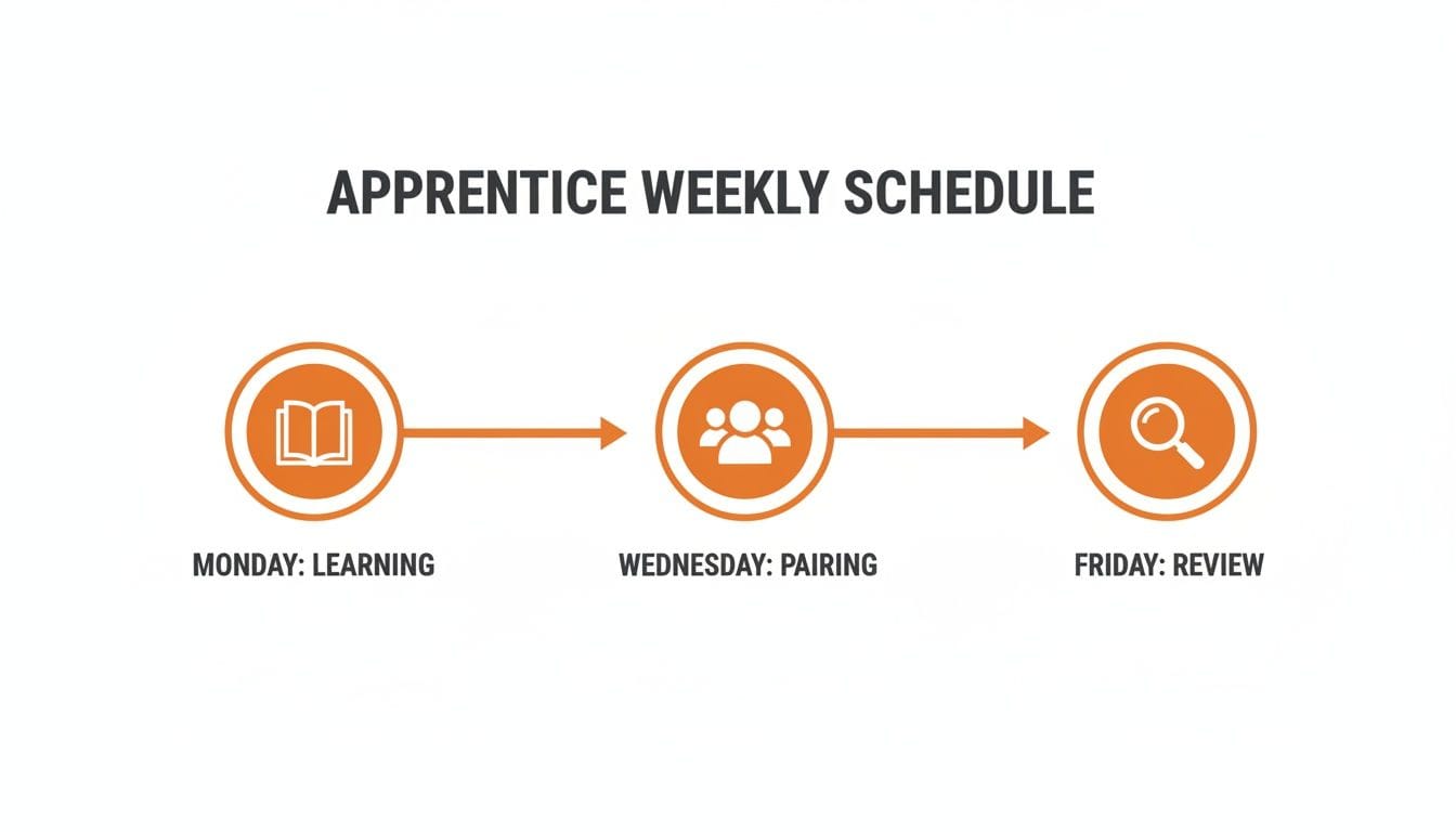 An infographic illustrating an apprentice's weekly schedule: Monday for Learning, Wednesday for Pairing, and Friday for Review.