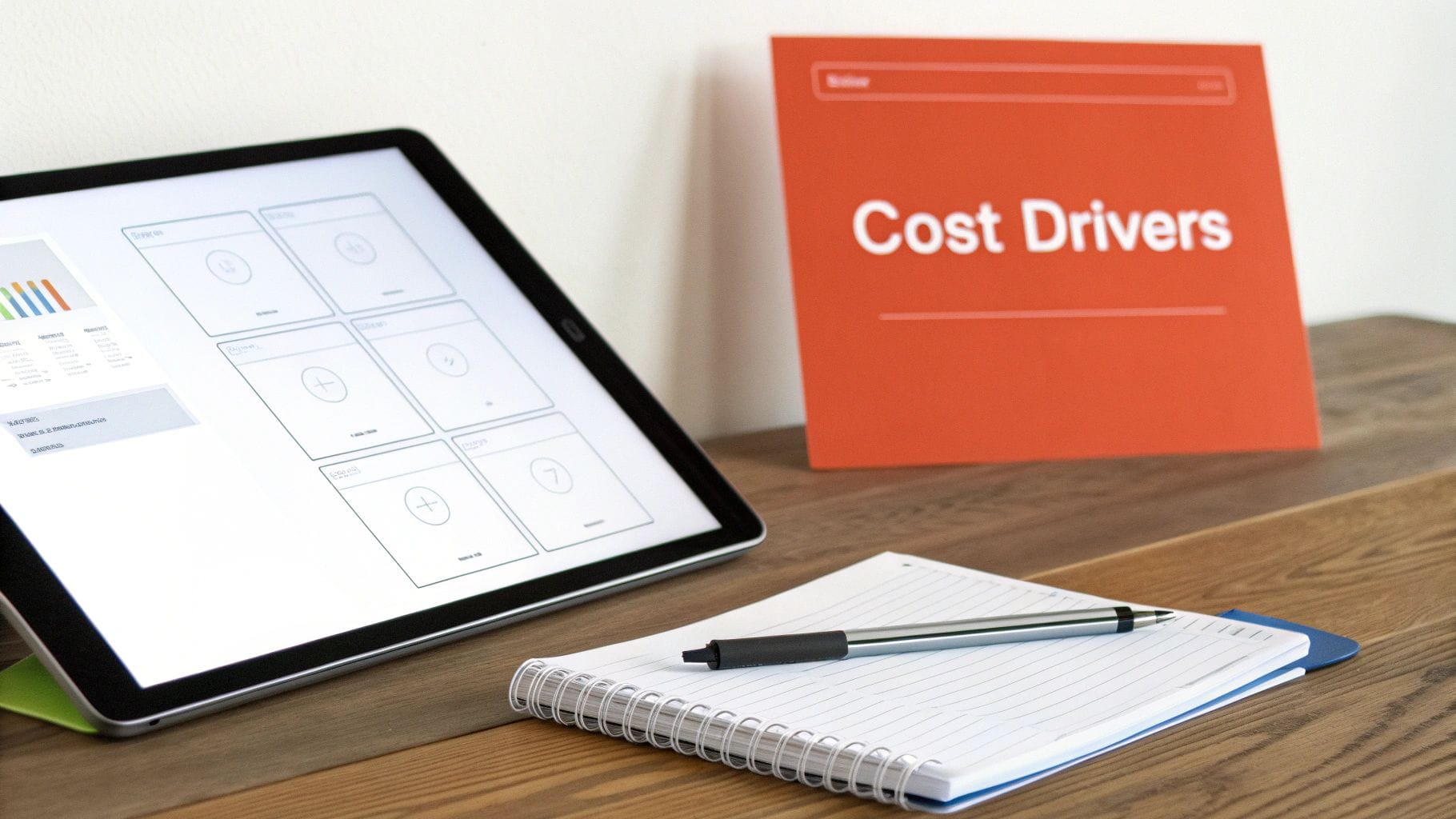 A tablet displaying charts, a 'Cost Drivers' card, and a notebook with a pen on a wooden desk.