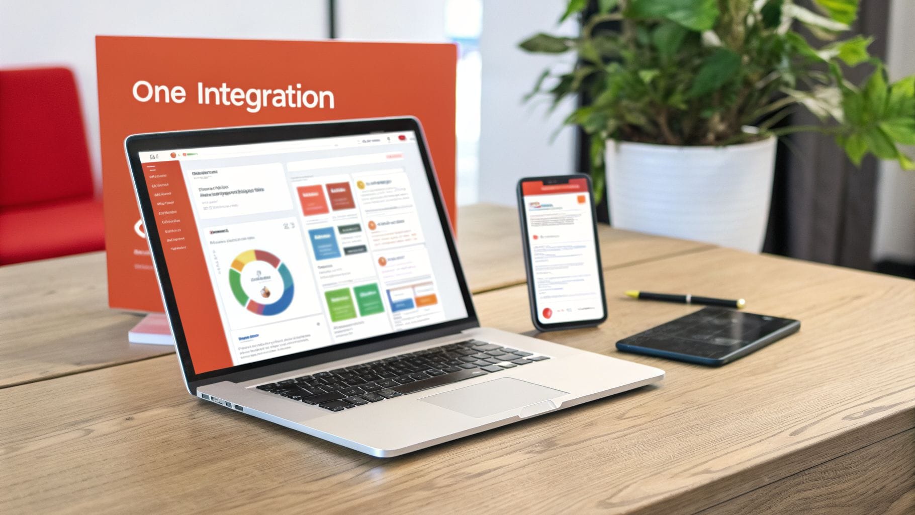 A laptop and smartphone display a business dashboard on a wooden desk, next to a 'One Integration' sign.