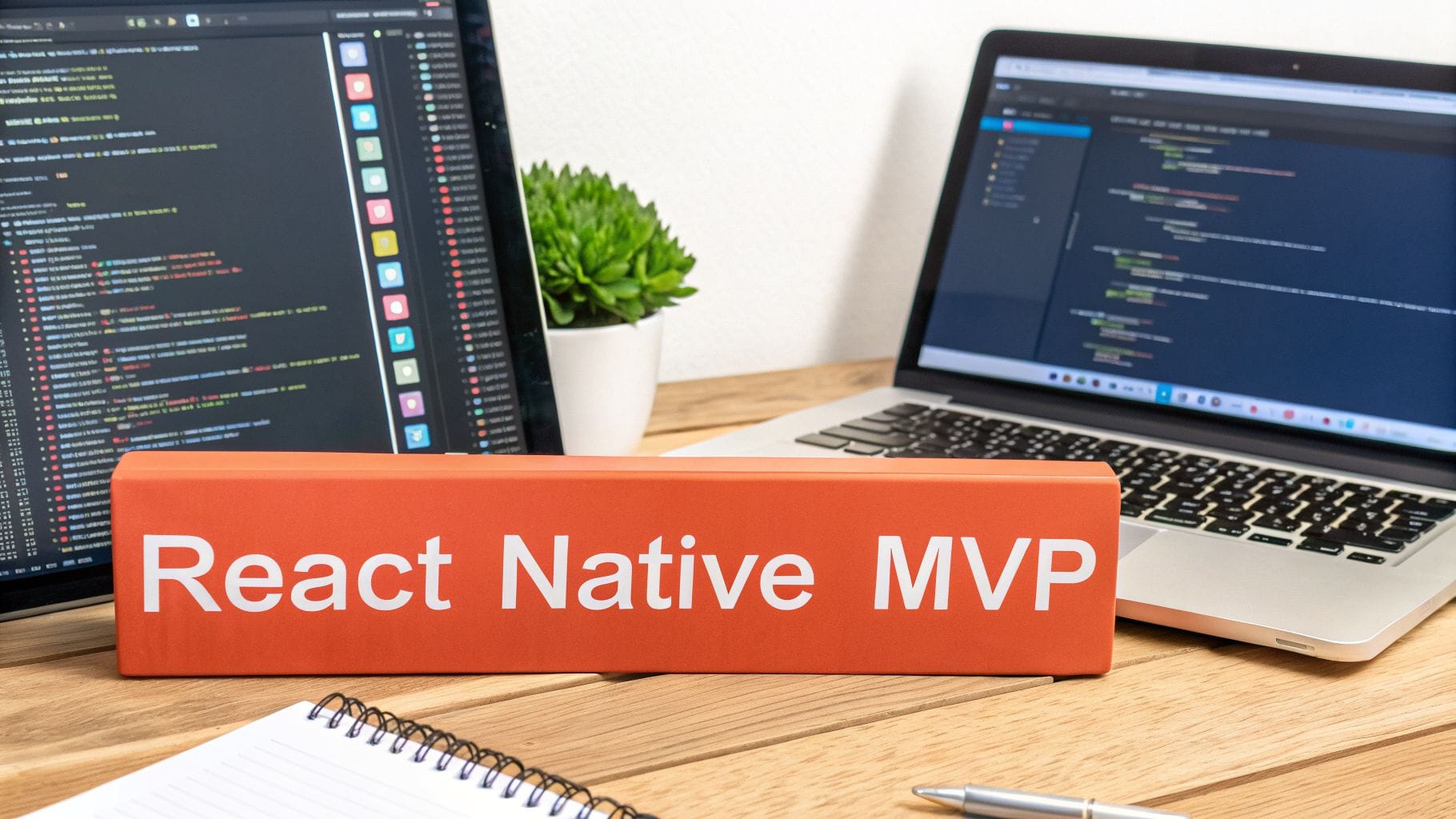 A desk setup with two laptops displaying code, a plant, and an orange block labeled 'React Native MVP', illustrating app development.