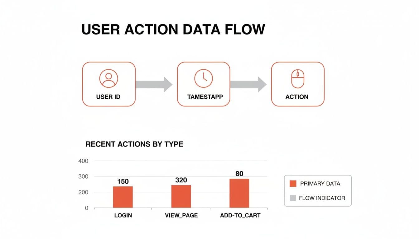 Diagram showing user action data flow from ID to timestamp to action, with a bar chart of recent user activities.