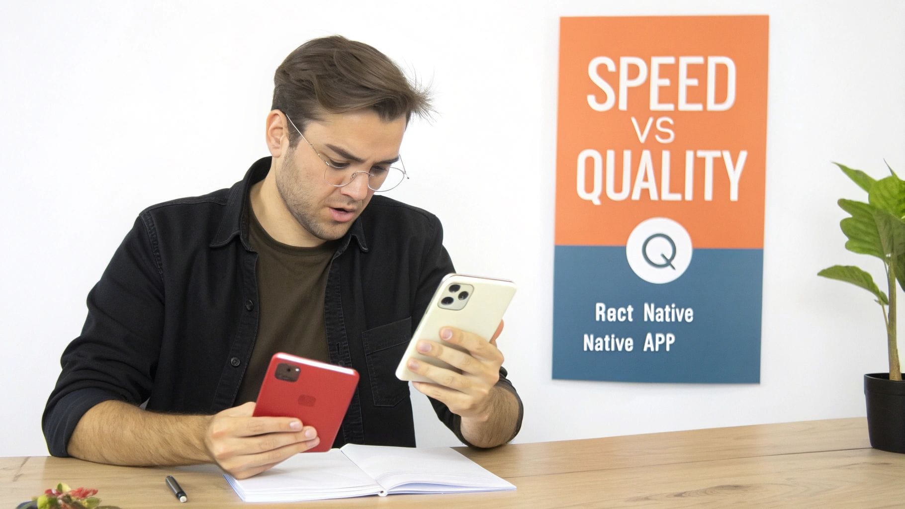 A man seriously examines two mobile phones at a desk with a "Speed vs Quality" sign.