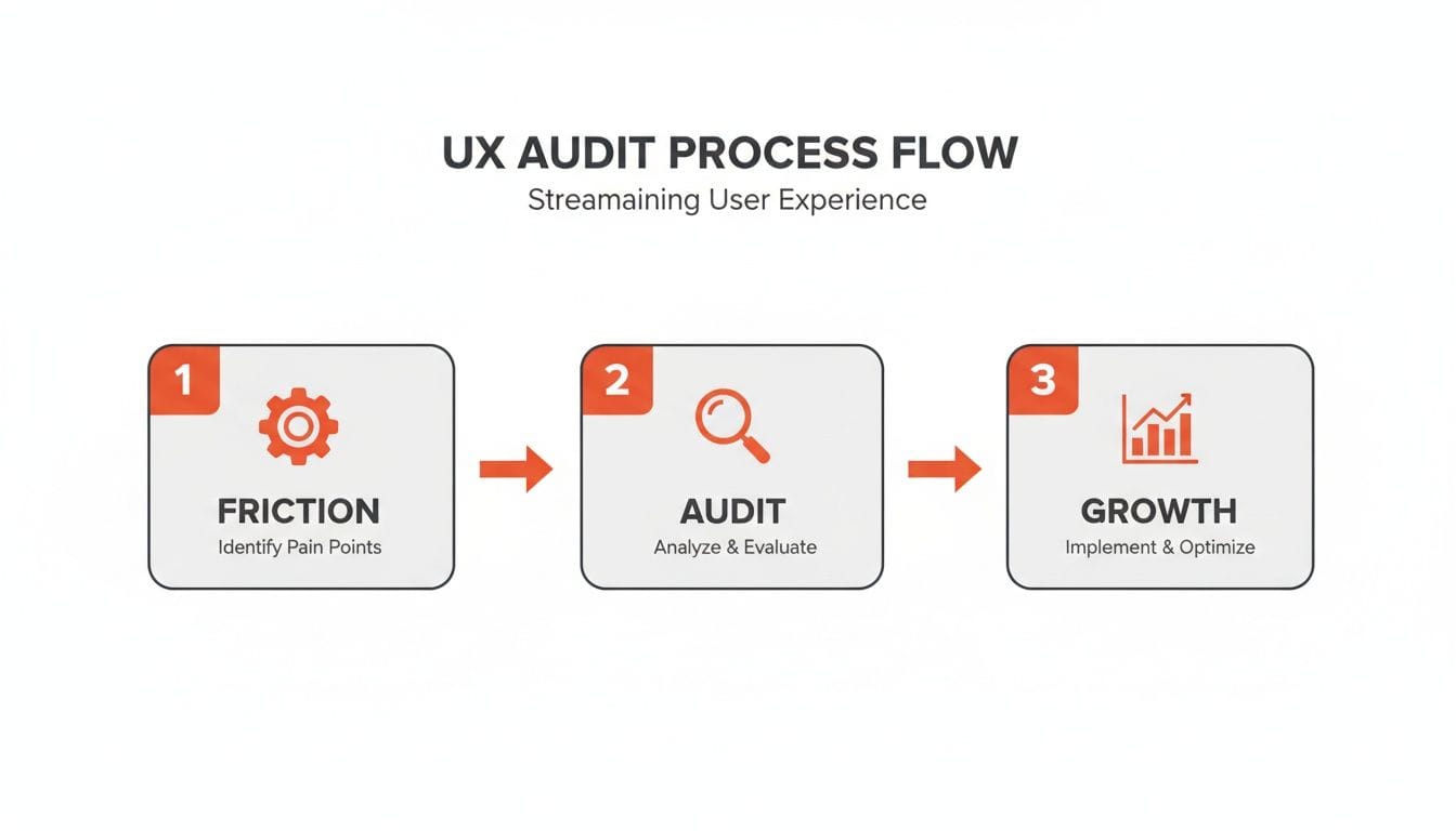 A UX Audit Process Flow diagram showing steps: Friction (Identify Pain Points), Audit (Analyze & Evaluate), and Growth (Implement & Optimize).