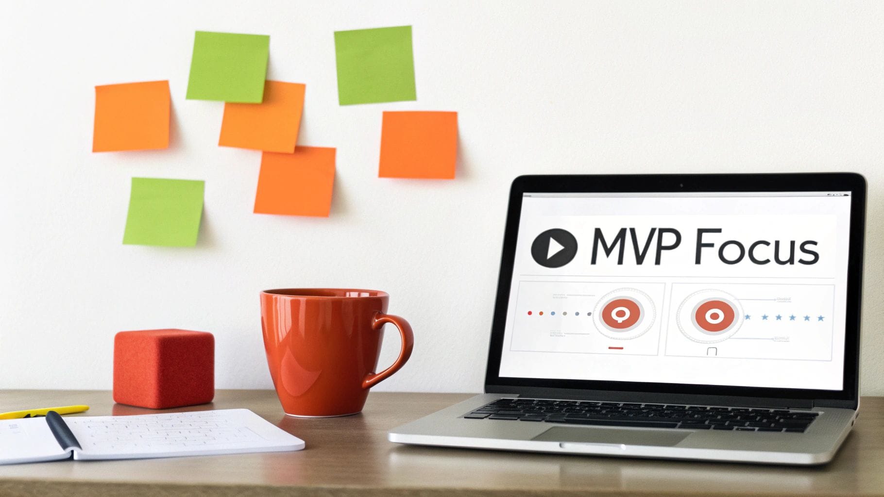 A laptop displaying "MVP Focus" on a desk with a mug, notebook, and sticky notes.