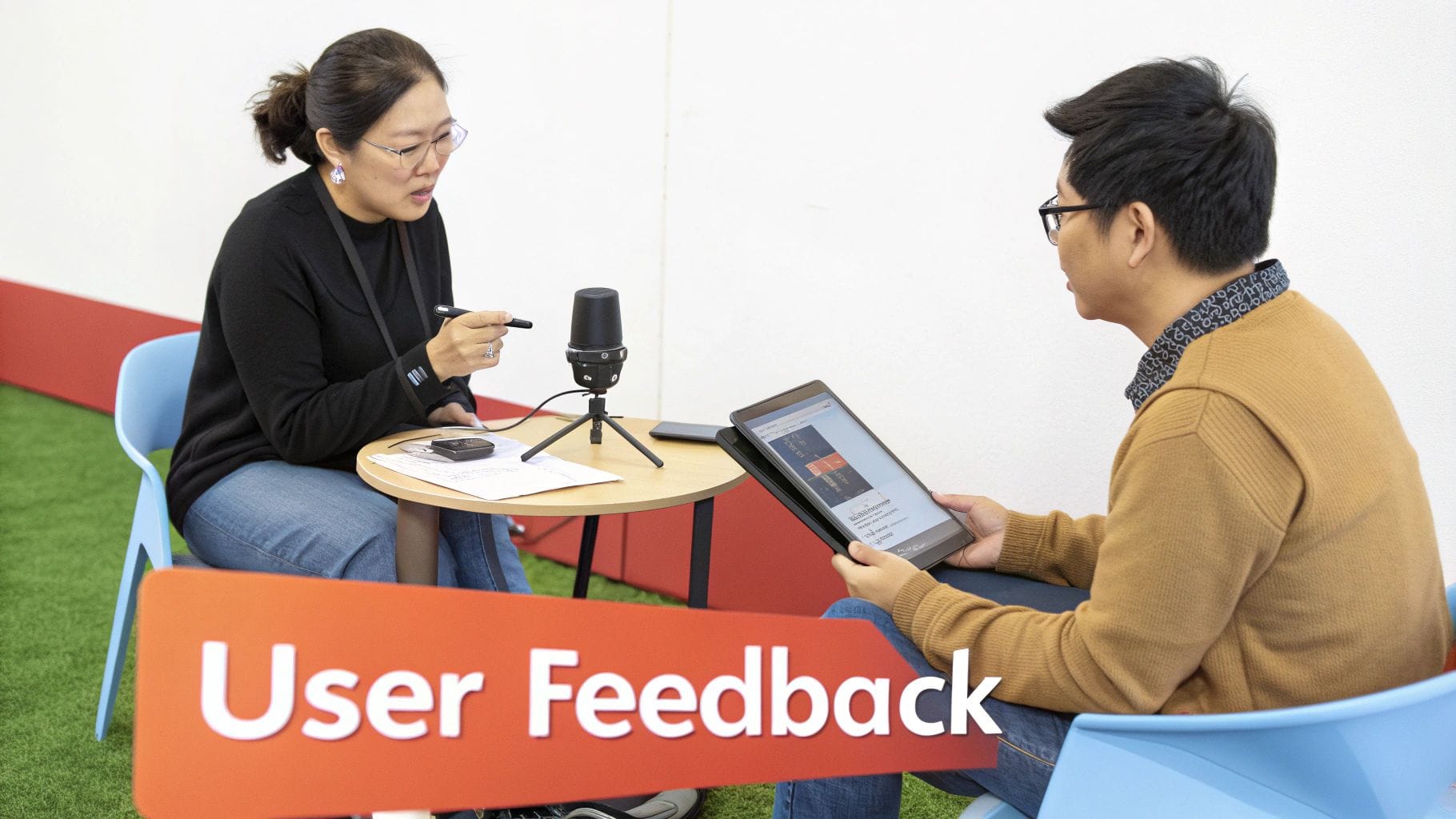 Two individuals conduct a user feedback session with a microphone and tablet, in a modern setting.