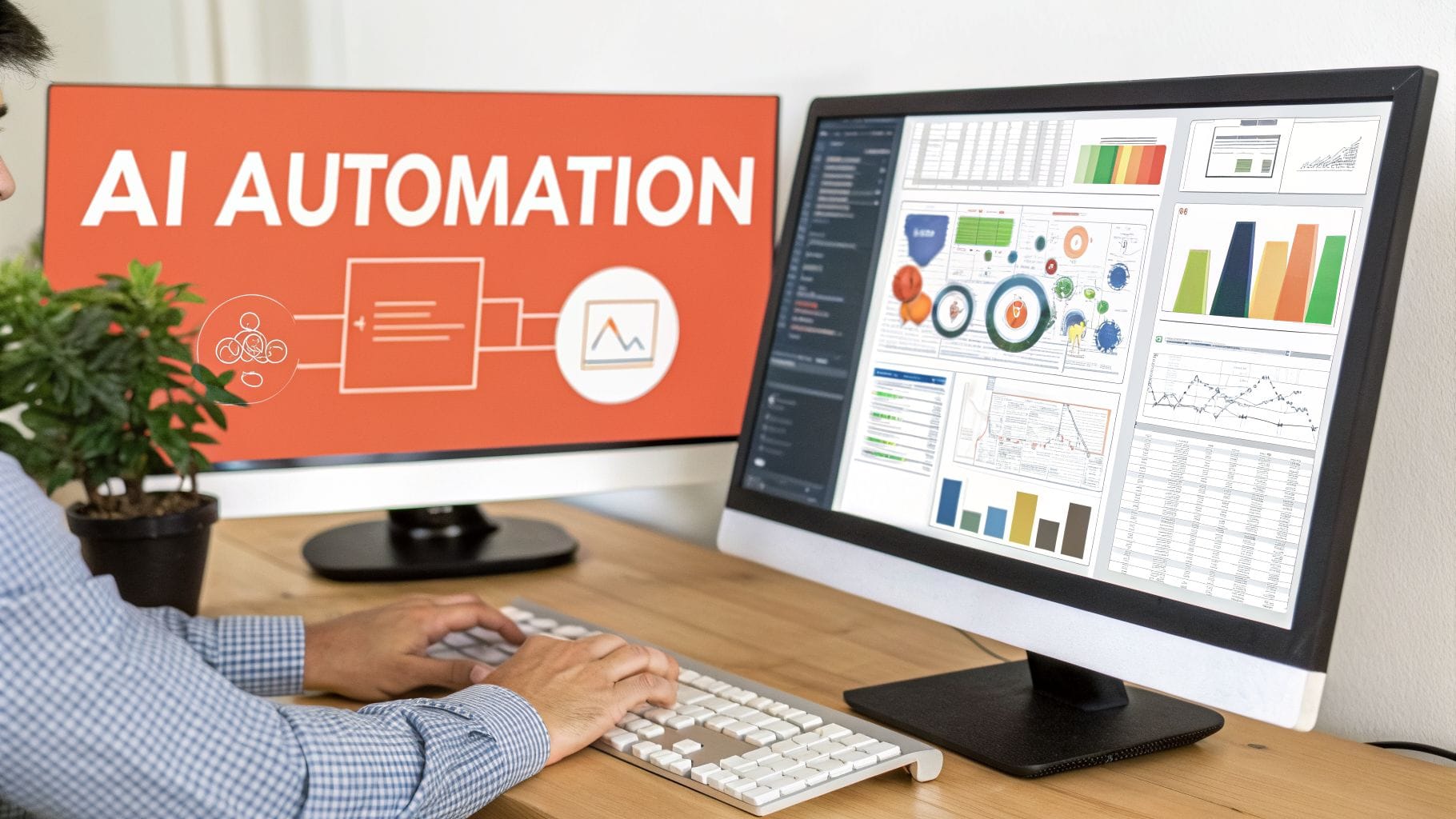 A person works on a computer with dual monitors displaying AI automation and data dashboards.