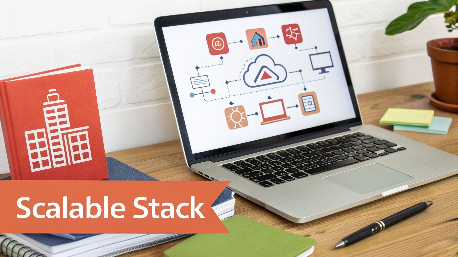 A laptop on a wooden desk displays a cloud computing diagram, next to books and a plant, with 'Scalable Stack' text.