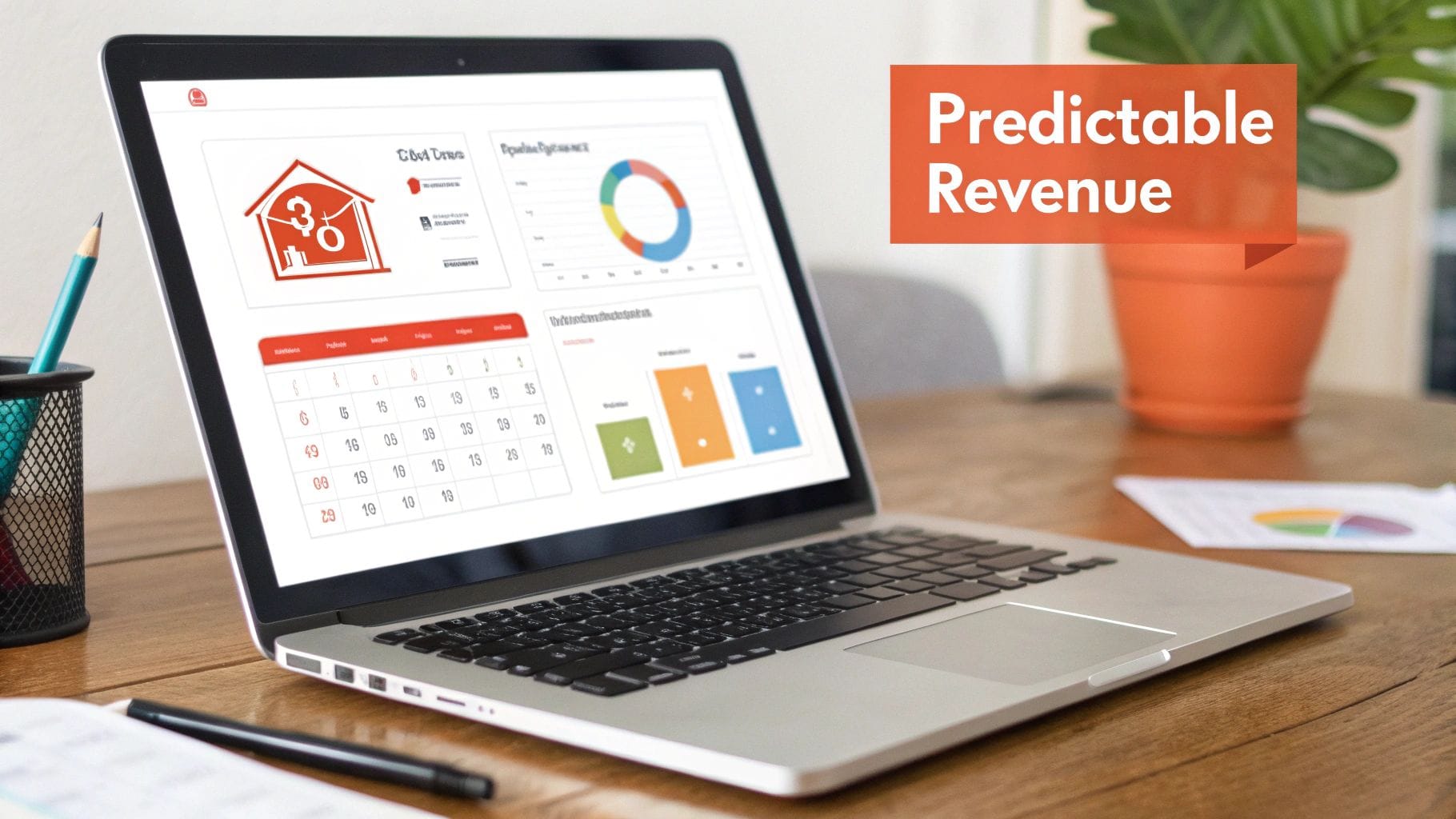Laptop on a wooden desk displaying a business analytics dashboard and 'Predictable Revenue' banner.