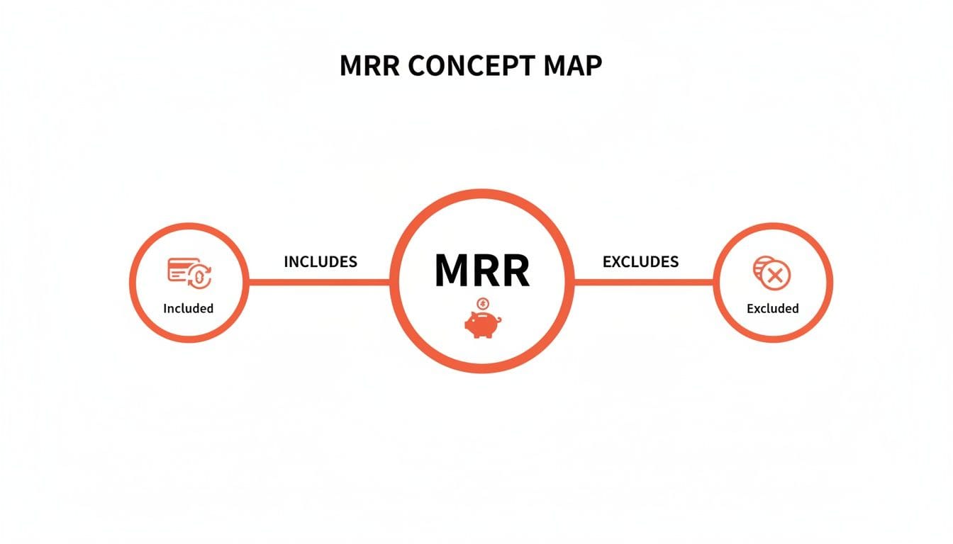 A concept map illustrating what MRR (Monthly Recurring Revenue) includes and excludes with icons.