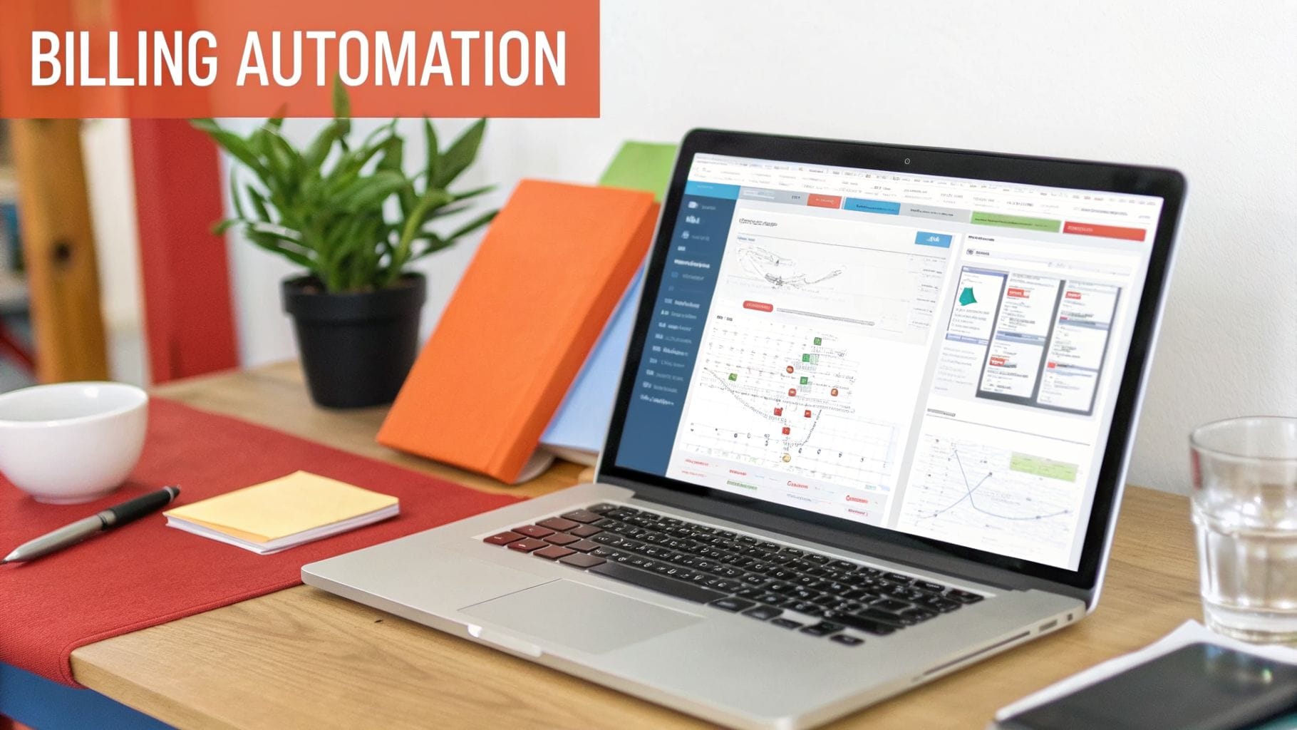 Laptop on a desk displaying billing automation software with charts and calendar views.