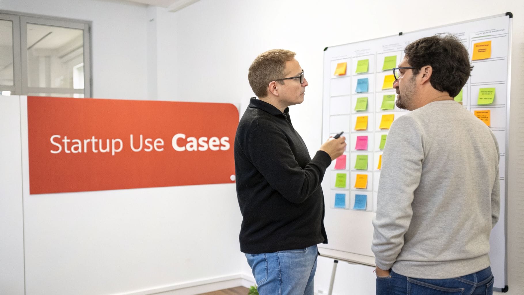 Two men discussing ideas and strategies in front of a whiteboard filled with colorful sticky notes.