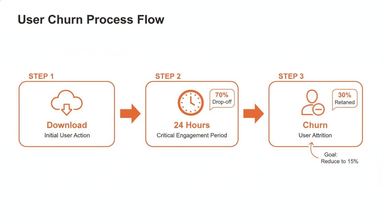 Diagram illustrating user churn process flow with steps: download, engagement period, and attrition.