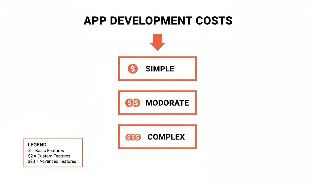 Flowchart showing app development costs divided into simple, moderate, and complex based on feature complexity.